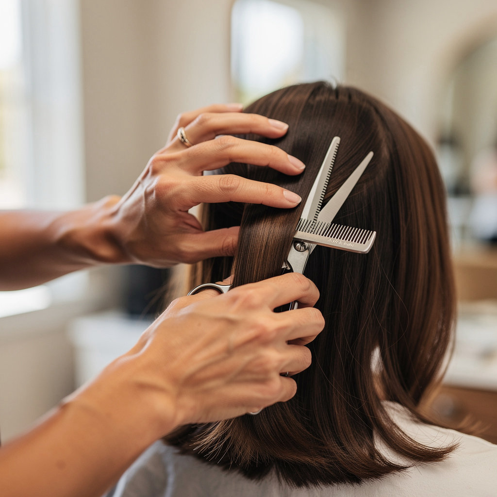 Juanita's Beauty Salon stylist providing a precision haircut service in Santa Barbara, CA